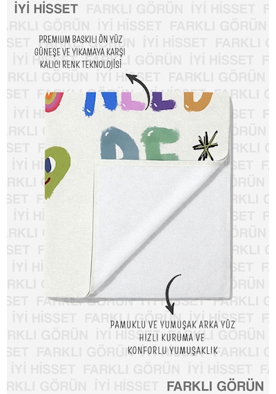 Yazı Temalı Renkli Typografi Plaj Havlusu - Modern Eğlenceli Beyaz Zemin Hızlı Kuruyan Havlu Örtü Bulut Lavanta