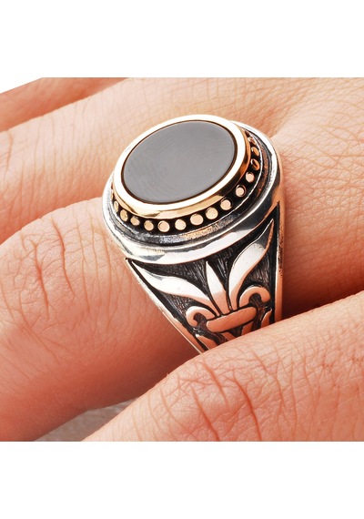 Kuyumcudukkanı Akik Renk Taşlı Üstü Bronz Parçalı Elyapımı Gümüş Erkek Yüzük-60013-w-blk 27 Beyaz