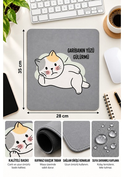 Garibanın Yüzü Gülür Mü Kedi Tasarımlı Mousepad 28x35 Cm Kaymaz Tabanlı Dikişli Kenar Ofis Ve Masaüstü