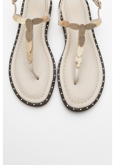 Luvishoes Luvi Shoes Marea Bej Hakiki Deri Parmak Arası Gold Tokalı Kadın Sandalet Bej