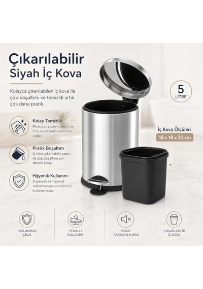 Krom 5 Lt Micro Pedallı Çöp Kovası