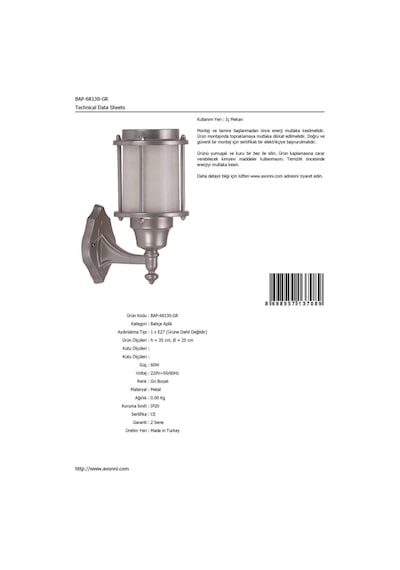 Avonni Bap-68130-gr Gri Elektrostatik Toz Boyalı Dış Mekan Aydınlatma, E27, Aluminyum, Polikarbon Cam, 25 Cm Sku: Smgstk58be0ec9a6