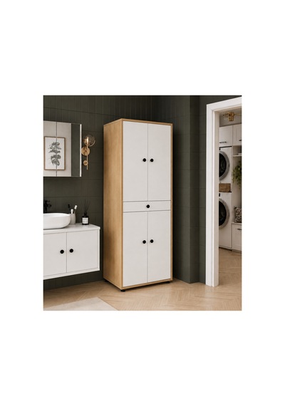 Ahşap Detaylı Banyo Dolabı Beyaz
