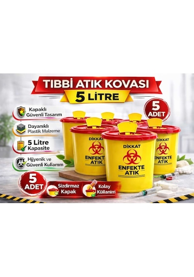 Tıbbi Atık Kovası 5 Litre 5 Adet Kapaklı Tıbbi Atık Kutusu Enfekte Atık Kovası Belirtilmemiş