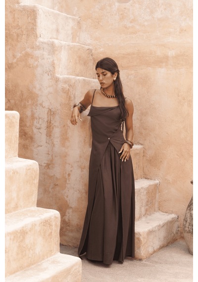 Mai Collection Mai Studios Co. Blantyre Askılı Uzun Kahve Keten Elbise Kahve
