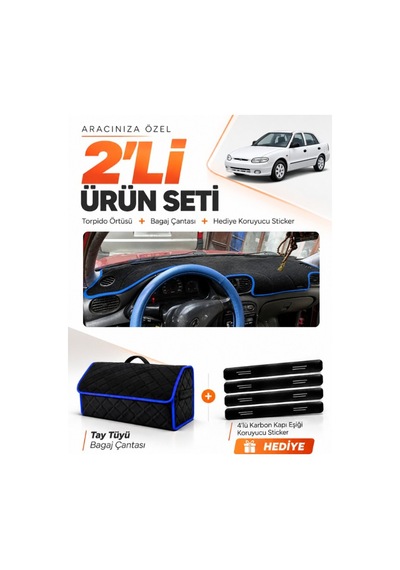 Hyundai Accent Yumurta Kasa 1993-1999 Uyumlu Torpido Örtüsü + Tay Tüyü Çanta Seti - Siyah Mavi