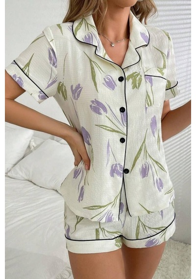 Bella Notte Çiçek Baskılı Şortlu Pijama Takımı Beyaz