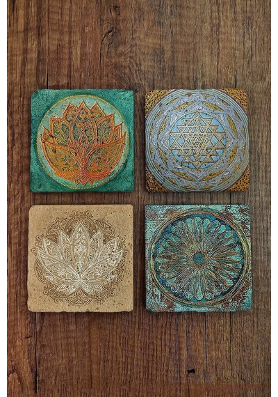 Taş Bardak Altlığı Lotus, Siri Yantra Baskılı Baskılı 4'lü Set - Stone Coasters Çok Renkli