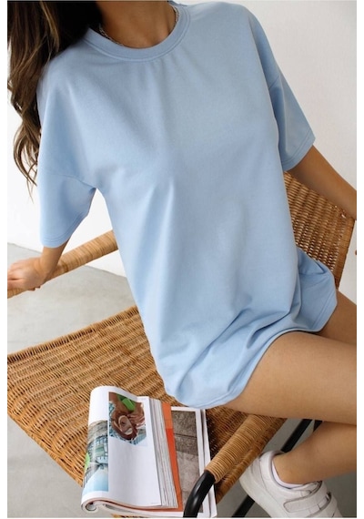 Düz Basic T-shirt - Bebe Mavisi Oversize Bisiklet Yaka Kısa Kol Tişört Bebe Mavi