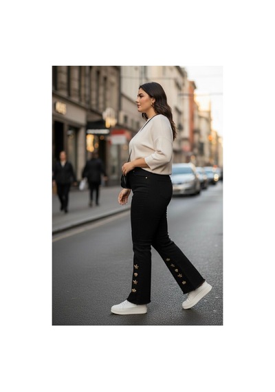 Zdnjeans Battal Paçası İşlemeli Likralı Pantolon Siyah