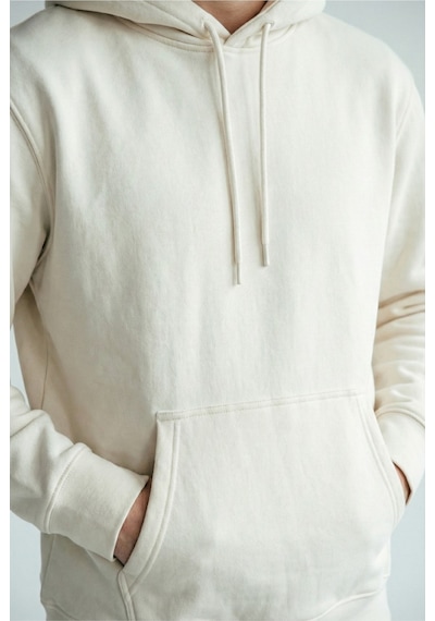 Hoxie Unisex Rahat Kesim Pamuklu Yumuşak Dokulu İçi Polarlı Basic Desenli Kapüşonlu Sweatshirt Ekru