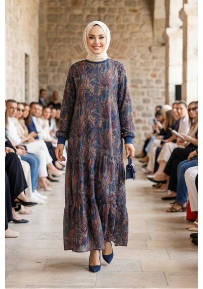 Hb Harma Time Butik Kadın İçi Şardonlu Desenli Lacivert Şifon Elbise