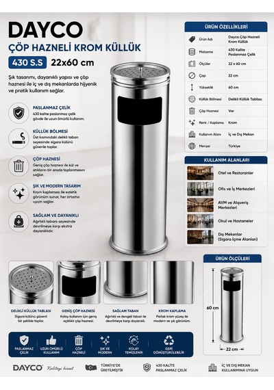 Dayco Çöp Hazneli Krom Küllük 430 S.s 22x60 Cm Çok Renkli