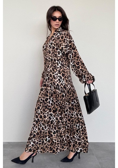 Madmext Kahverengi Leopar Desenli Düğmeli Kadın Elbise Mg2399 Kahverengi