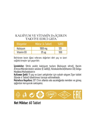PadroVita Kalsiyum Vitamin D3 İçeren Takviye Edici Gıda 60 Tablet