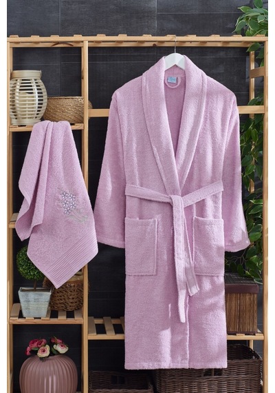 Veramoni Unisex Arya Havlulu Bornoz Seti Nakışlı Pamuklu - Leylak - S/m
