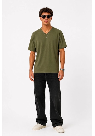 Erkek V Yaka Basic Tişört Kısa Kol Yazlık Regular Fit T-shirt - Haki Çok Renkli