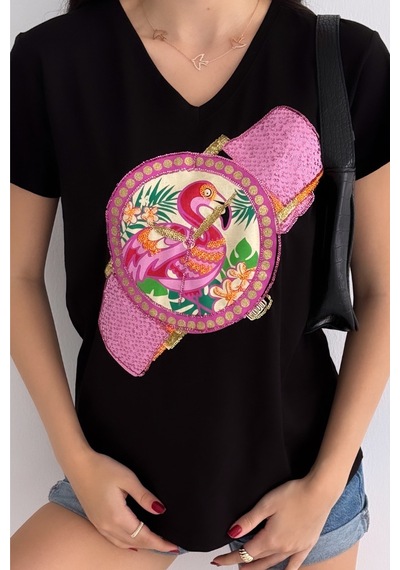 Femelle Kadın Siyah V Yaka Flamingo Saat Pul Payet İşlemeli %100 Pamuk Tişört