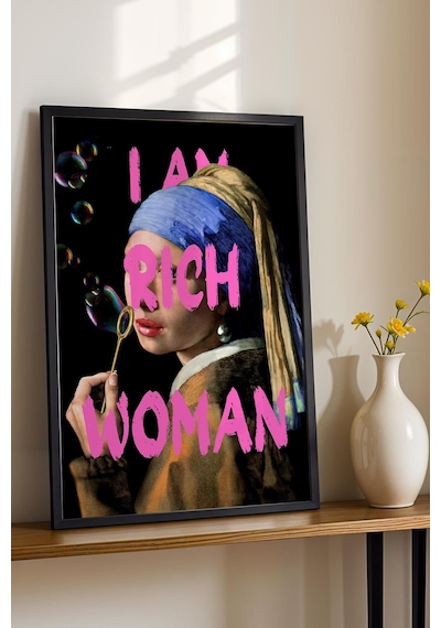 İnci Küpeli Kız I Am Rich Woman Eğlenceli İronik Sanat Çerçeveli Tablo Yeni Eve Hediye Altered Art