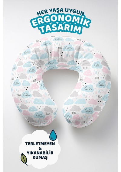 Bulut Desenli Pamuklu Boyun Yastığı - Pastel Mavi Pembe Gri Çocuk & Yetişkin Seyahat Yastığı Açık Gün Doğumu Kiremit