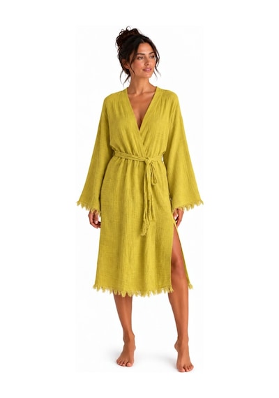 Bohemia Müslin Kimono Bornoz Püskül Detaylı Yırtmaçlı Spa & Plaj Kimonosu Yeşil