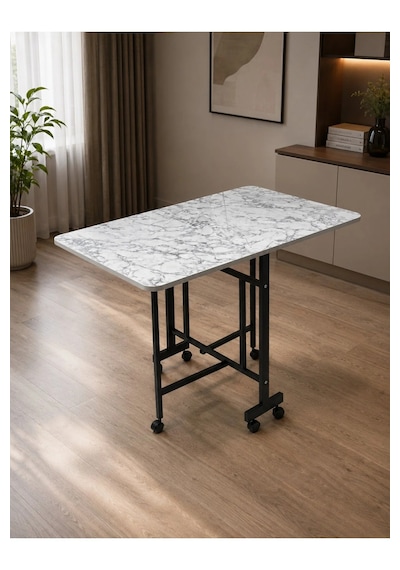 Çok Amaçlı Açılır Katlanır Ahşap Kelebek Masa Beyaz Mermer 60x120