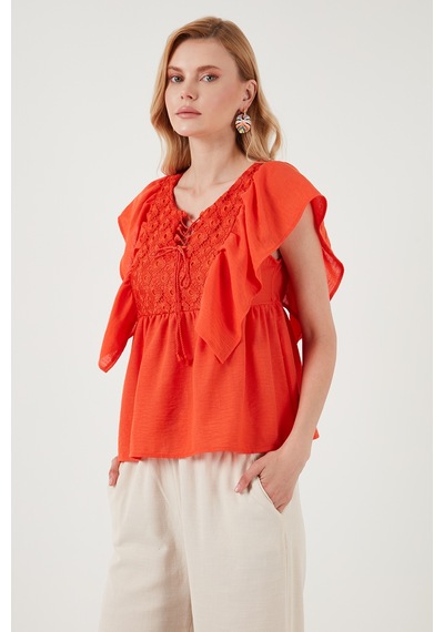 Lela Regular Fit Önden Bağlamalı Volanlı Bayan Bluz 611Fb20064 Oranj