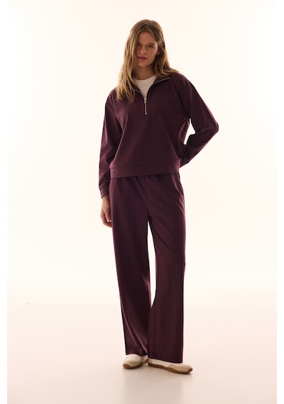 Penti Bordo Yarım Fermuarlı Çizgili Polo Yaka Sweatshirt