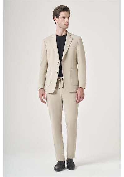 İmza Bej Mono Yaka 6 Drop Slim Fit Beli Lastikli Takım Elbise 1001260194 Koyu Bej