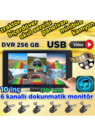 Ledsiz Kelebek Kamera 170'' Ahd 720p Rca 6 Kanallı 10 İnç Dokunmatik Usb Bsd Dvr Ekran 12 Volt