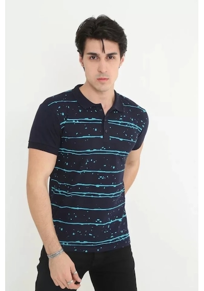 Erkek Yakalı Slim Fit Pike Çizgili T-shirt - Lacivert Lacivert