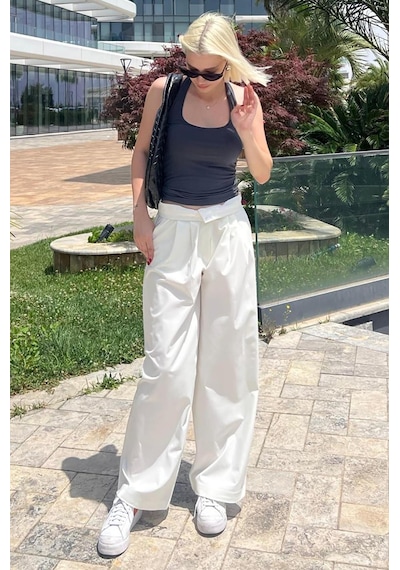 Madmext Beyaz Yüksek Bel Rahat Kesim Bol Paça Pantolon Mg2120-beyaz Beyaz