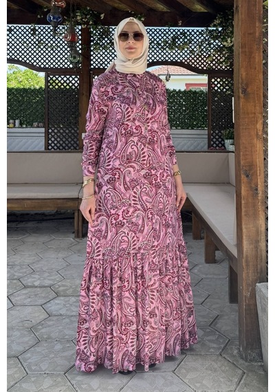 Rabia Şamlı Rengin Şal Desenli Gömlek Elbise Fuşya Normal