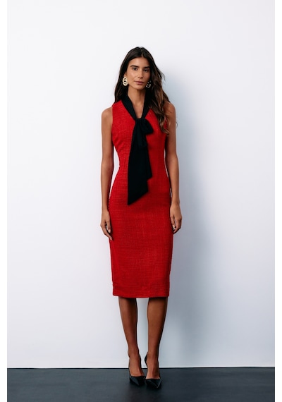 Sateen Fularlı Kolsuz Tüvit Elbise - Kırmızı-135148 Kırmızı