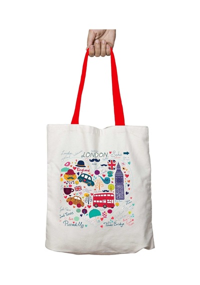 Art Hediye Kırmızı Kulplu English London Big Yıkanabilir Omuz Çanta Çok Renkli