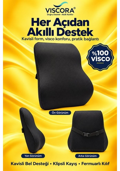 Araba Sırt Minderi Ofis Koltuk Sırt Minderi Ergonomik %100 Visco Klipsli Destek Yastığı, Siyah 45