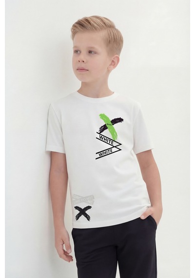Panios Kids White Yazı Baskılı Yuvarlak Yaka Kısa Kollu Erkek Çocuk Yazlık Tişört Beyaz