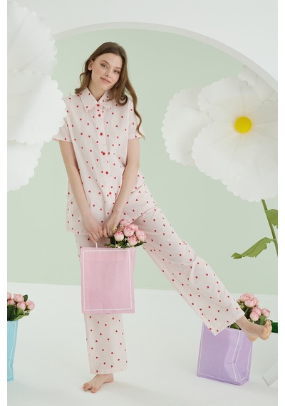 Nbb Kadın Pembe Kalpli Önden Düğmeli Pijama Takım