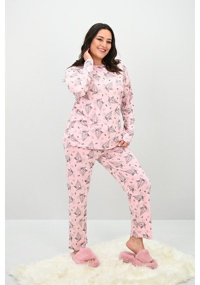 Kadın Büyük Beden Çiçek Desenli Uzun Kollu Pijama Takımı 4235-25 Siyah