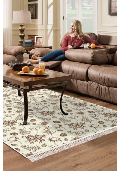 Alanur Home Kaymaz Dijital Mutfak & Salon Halı Star Pamuk Saçaklı Vintage Al5012 Bej