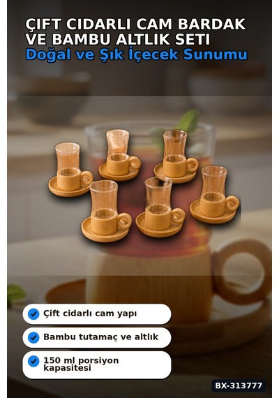 Cift Cidarli 150 Ml 6 Adet Cam Cay Bardagi Ve 6 Adet Bambu Altlik Seti Bx-313777 çok renkli