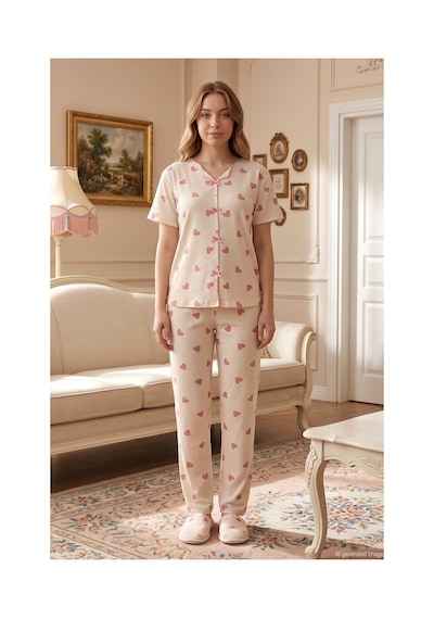Remsa Kadın Kalp Desen Kısa Kol Berlin Pijama Takımı 008 Ekru