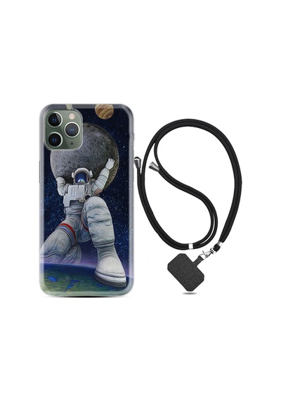 Apple Uyumlu iPhone 13 Pro Max Kılıf Boyun Askılı Astronot ve Dünya 1759