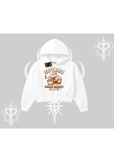 Startmore Kapşonlu Crop Sweatshirt Cute Capybara Enjoying Ramen Noodles Artwork Beyaz