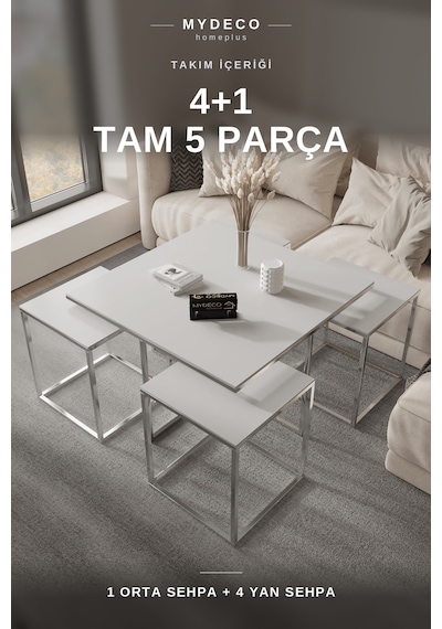 OTTOWA 5 PARÇA GOLD ZİGON SEHPA TAKIMI — BEYAZ MDF