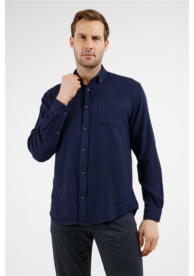 İmza Lacivert Düğmeli Yaka Uzun Kol Cepli Slim Fit %100 Pamuk Gömlek 1004255213 Lacivert