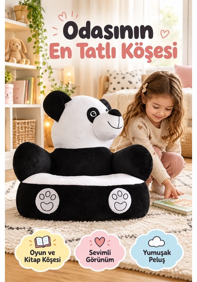 Panda Peluş Minder 45 Cm Siyah Beyaz Çocuk Koltuğu Yumuşak Oturma Minderi Oyun Ve Kitap Köşesi Evde Çok Renkli