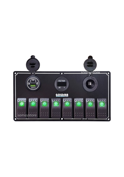 Goldsea Marine Switch Panel 8 Anahtarlı Usb Type-C + Voltmetre + Şarj Soketli 12-24V 120X235Mm Yeşil