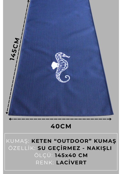 Marin Masa Örtüsü Nakışlı Deniz Atı Runner 145x40 Su İtici Outdoor Keten Tekne Bahçe Salon Mutfak Lacivert
