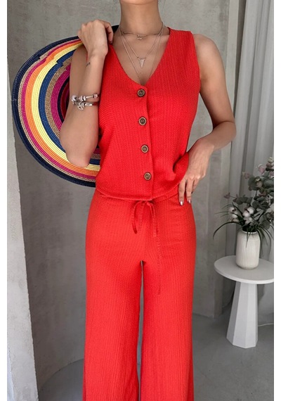 Kienor Nido Moda Yeni Sezon Kadın Yüksek Bel Rahat Pantolonlu Kolsuz Yel Turuncu